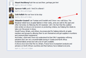  'Iskander Goaied' commenting on Facebook April 2011